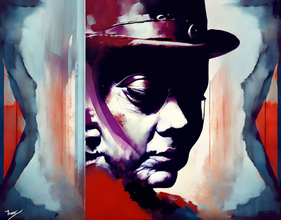 Vibrant painting of a person in a hat with red and blue hues