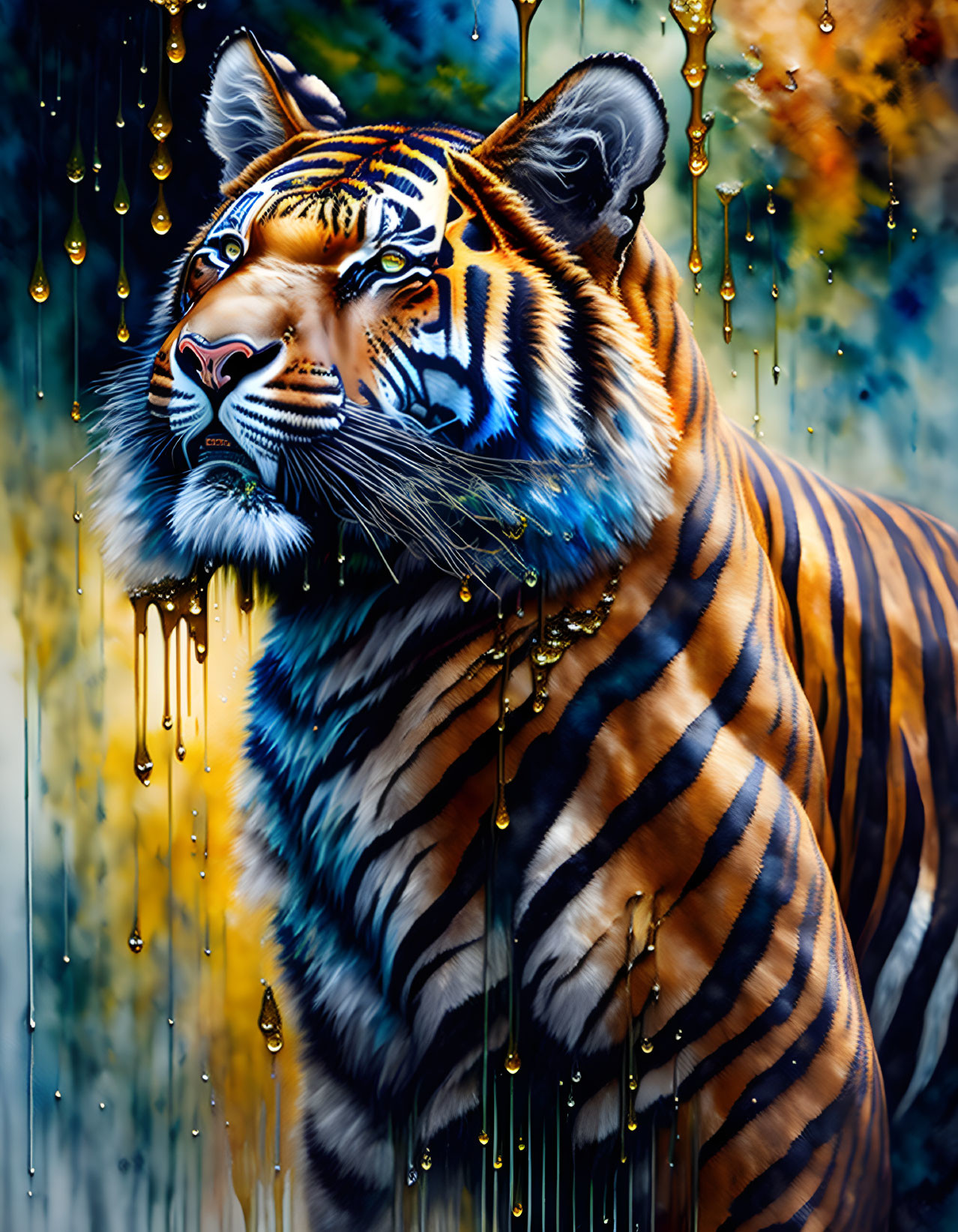 Colorful Tiger Artwork with Blue Patterns on Face and Yellow Accents