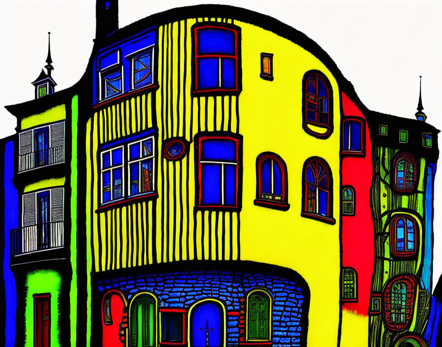 Colorful whimsical buildings with bold shapes and varied windows.