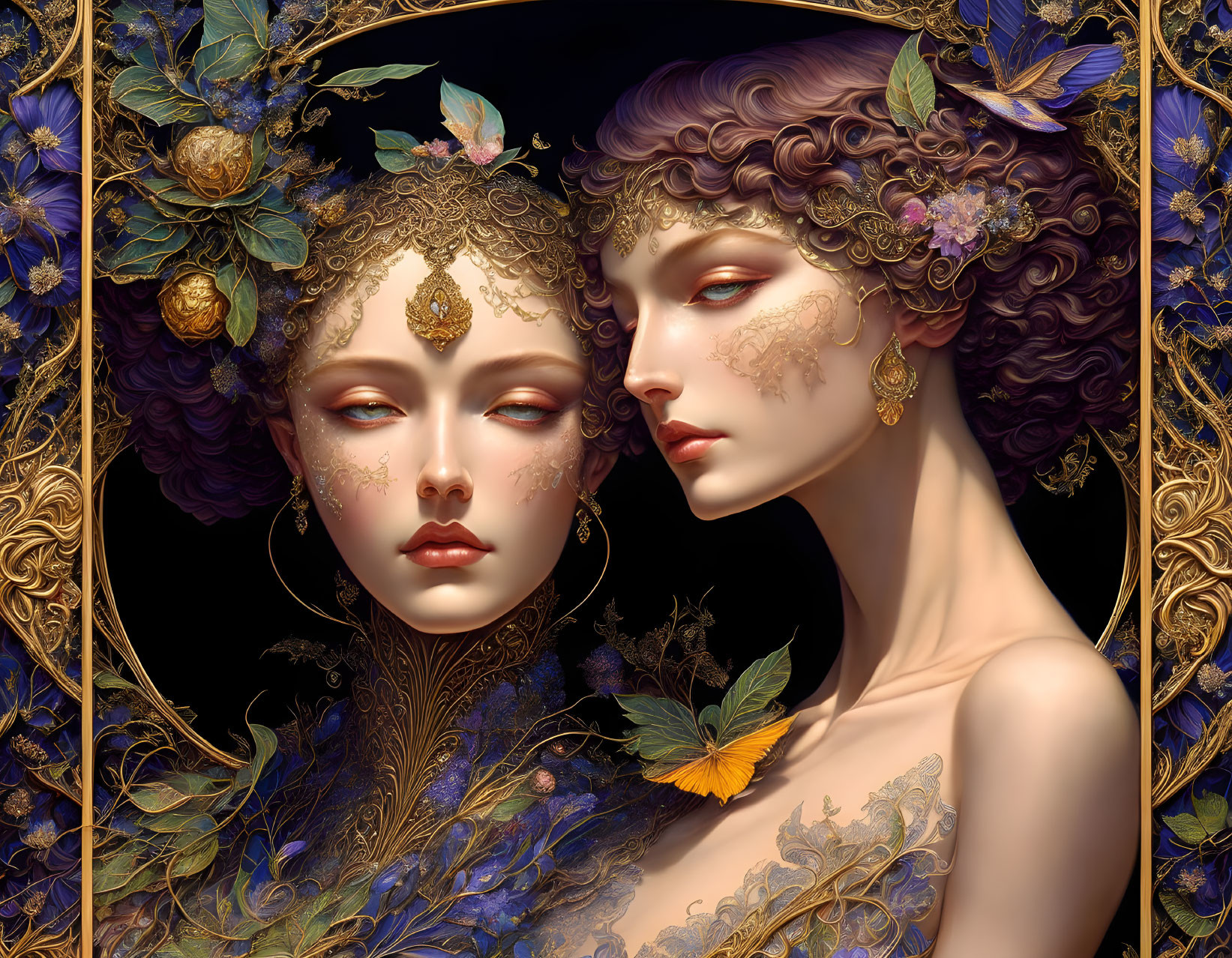 Intricately illustrated female figures with golden headpieces amidst detailed flora and a butterfly on dark backdrop