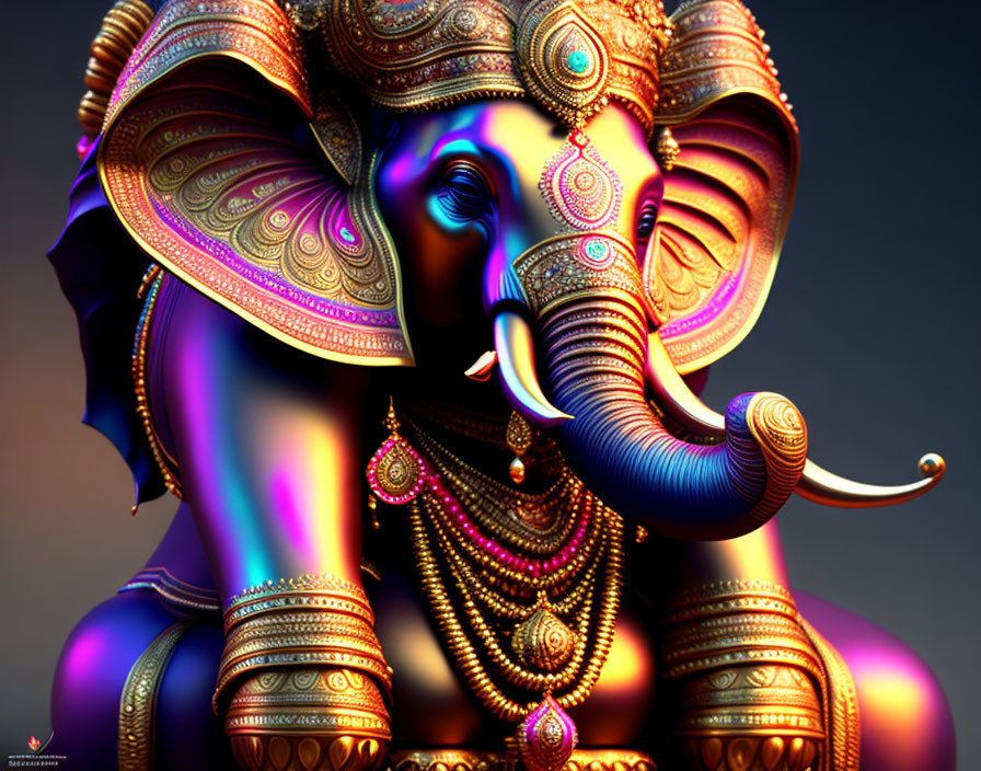 Vibrant digital artwork: Ornate elephant with blue & purple textures