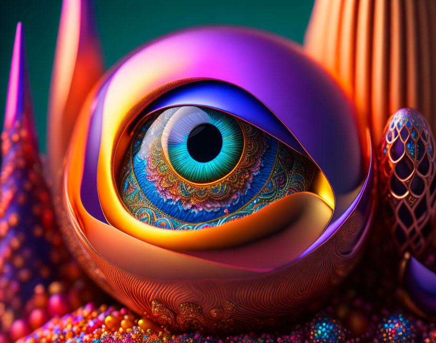 Colorful surreal eye art on textured green background