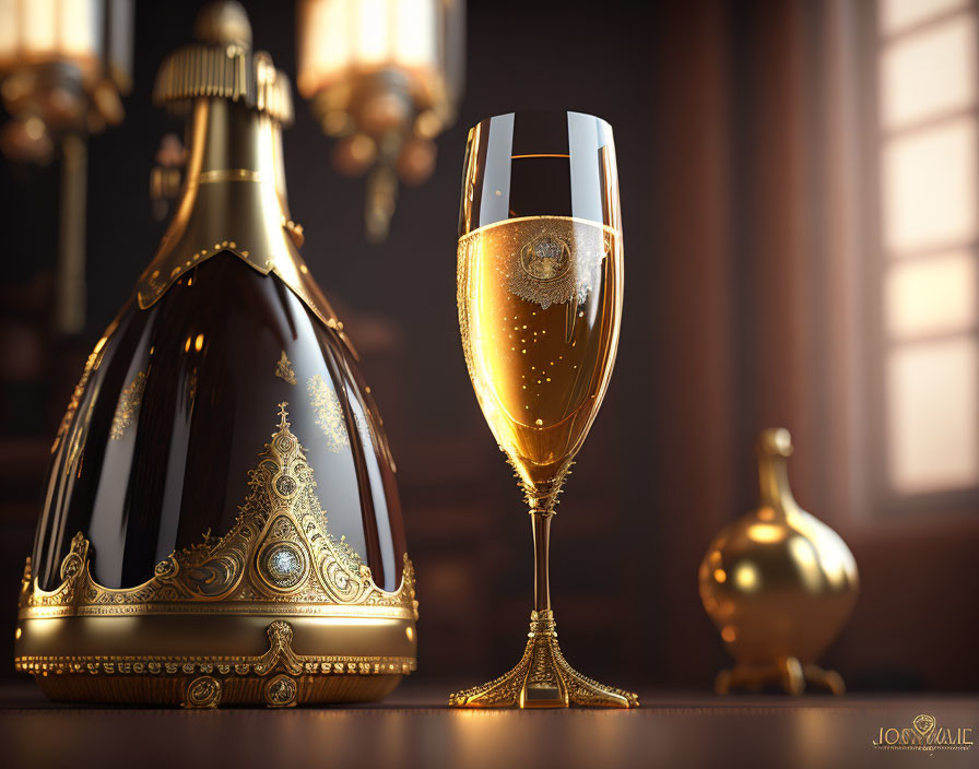 Luxurious Golden Champagne Bottle and Glass on Wooden Table