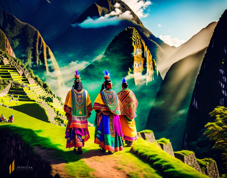 Andean individuals in traditional clothing at Machu Picchu with mountains and terraces.