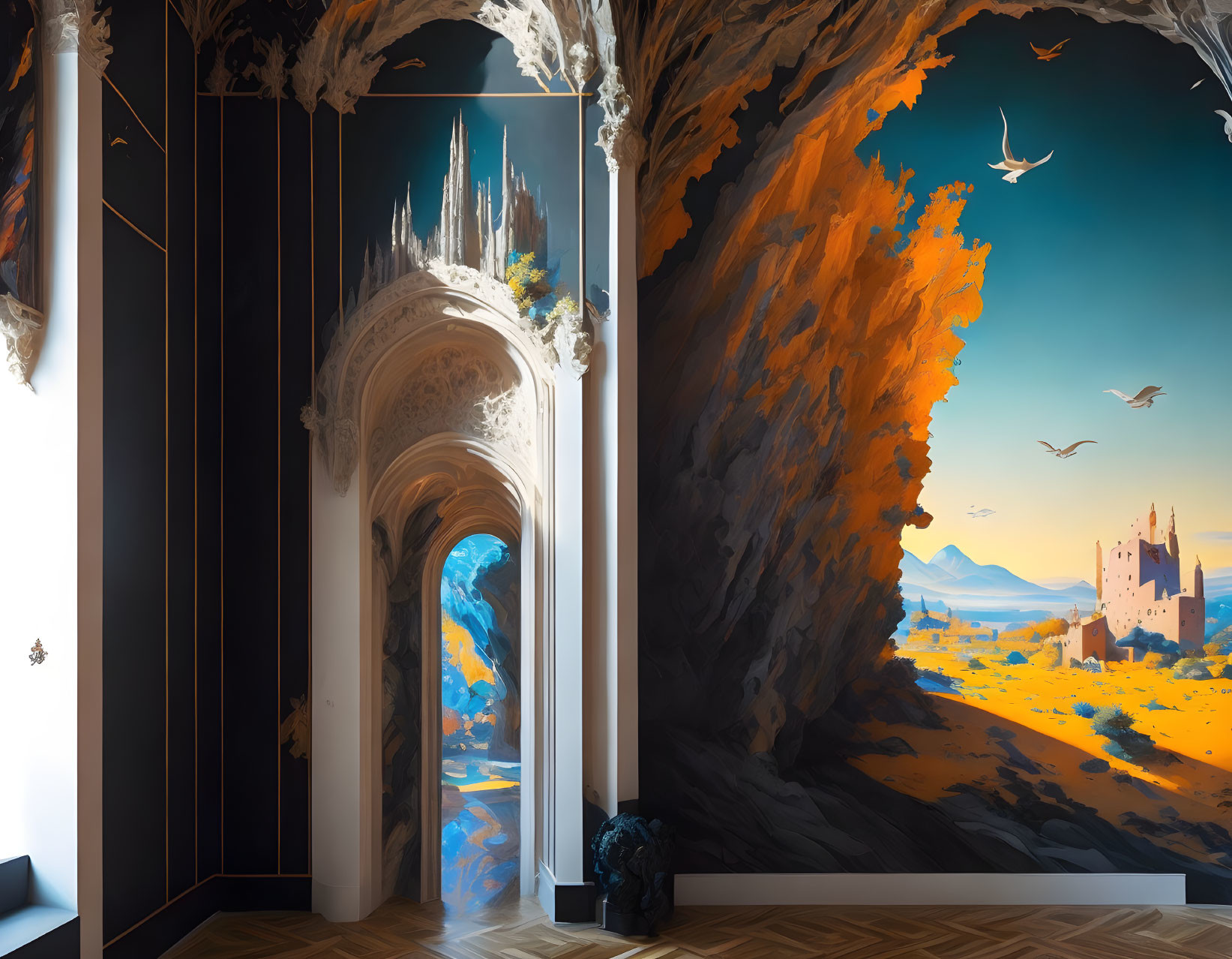 Surrealist mural blending gothic arch doorway with vibrant landscape and dark interior