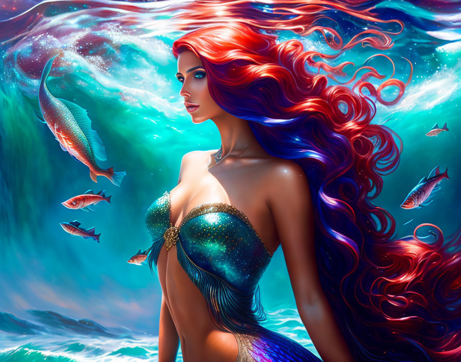 Colorful Mermaid Illustration with Red Hair and Blue Tail