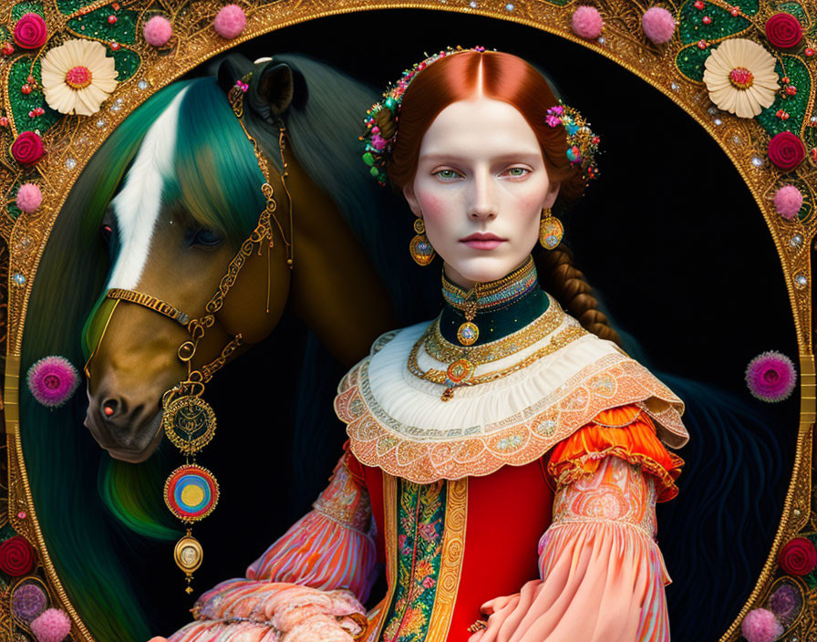 Red-haired woman in folk attire posing next to a horse in floral border