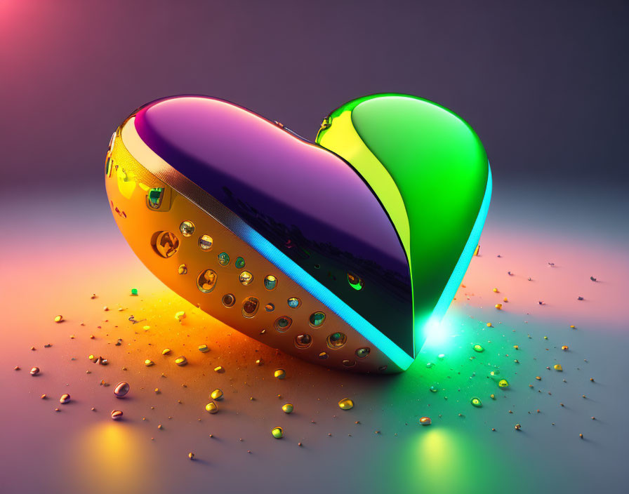 Colorful Metallic Heart with Spherical Indentations on Reflective Surface