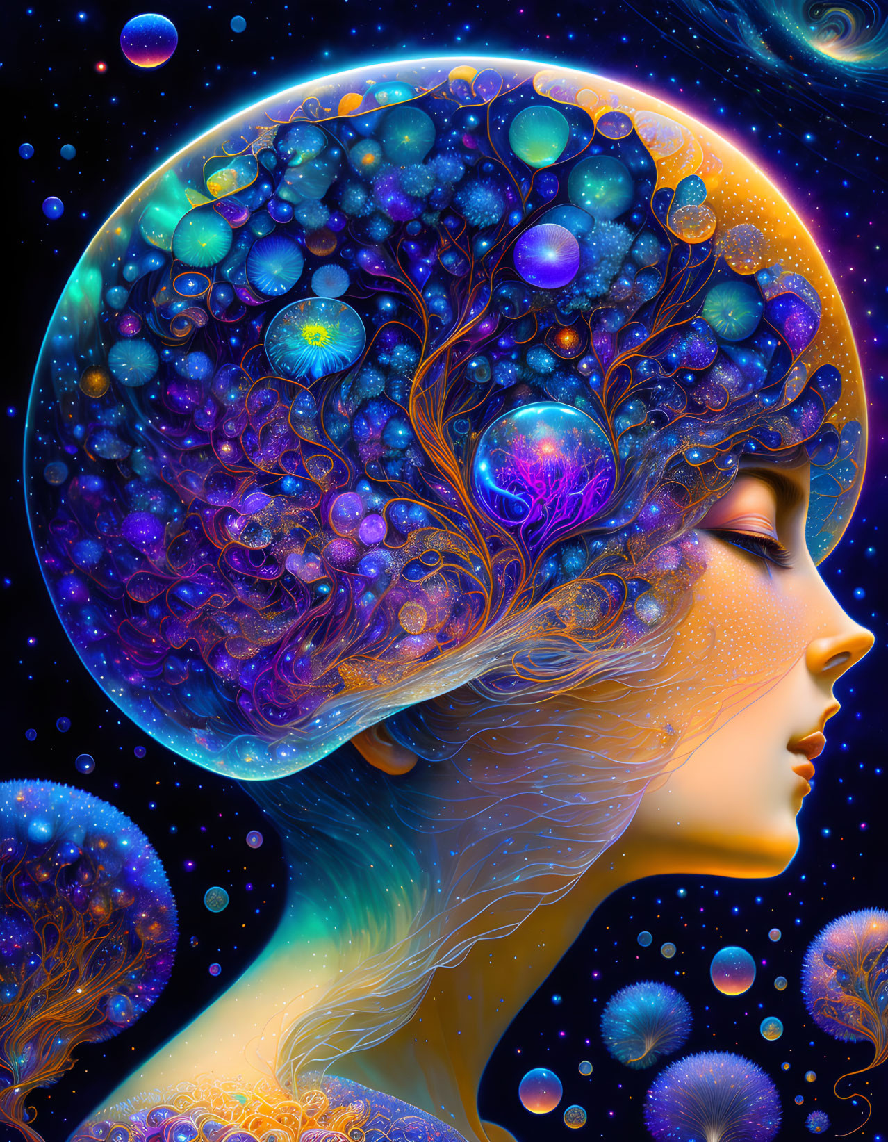 Cosmic-themed digital artwork of serene female figure