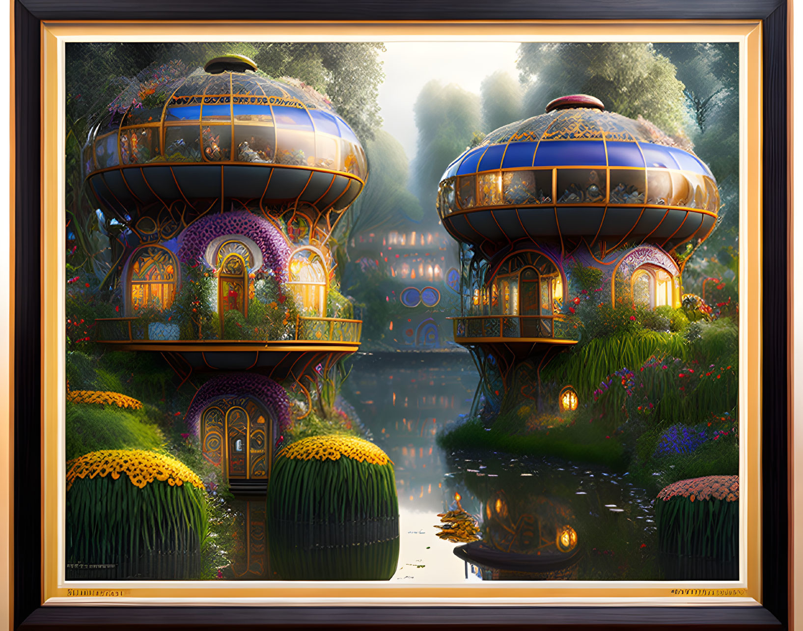 Vibrant spherical treehouses in enchanting forest with reflective water.