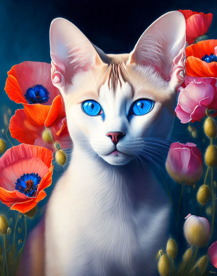 Blue-eyed cat in red poppy field digital artwork