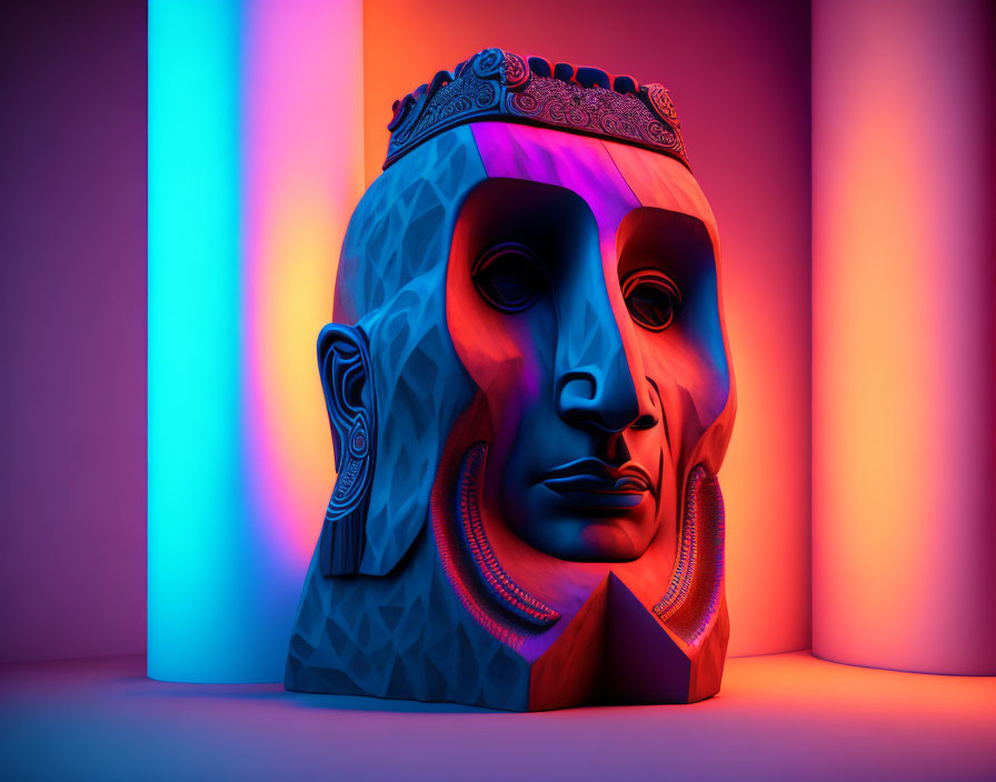 Colorful Sculpted Head Illuminated in Pink, Blue, and Purple