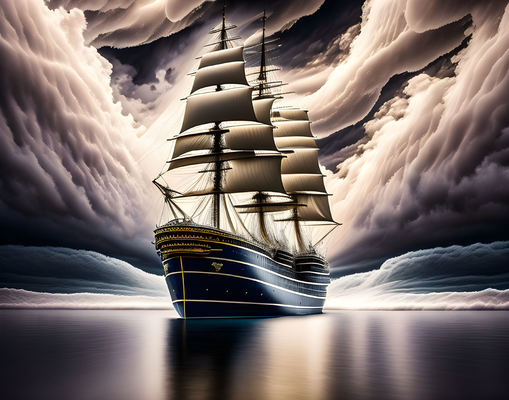 Tall ship with multiple sails in dramatic sky and reflected on water