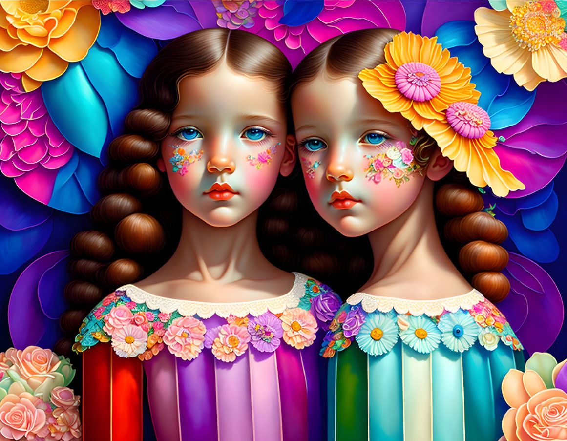 Hyperrealistic Illustration of Girls with Floral Face Paint and Flower Dresses