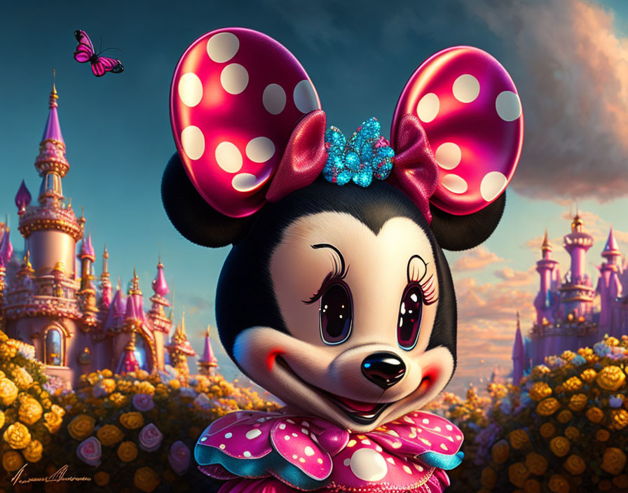 Colorful Minnie Mouse with butterfly in enchanted castle setting