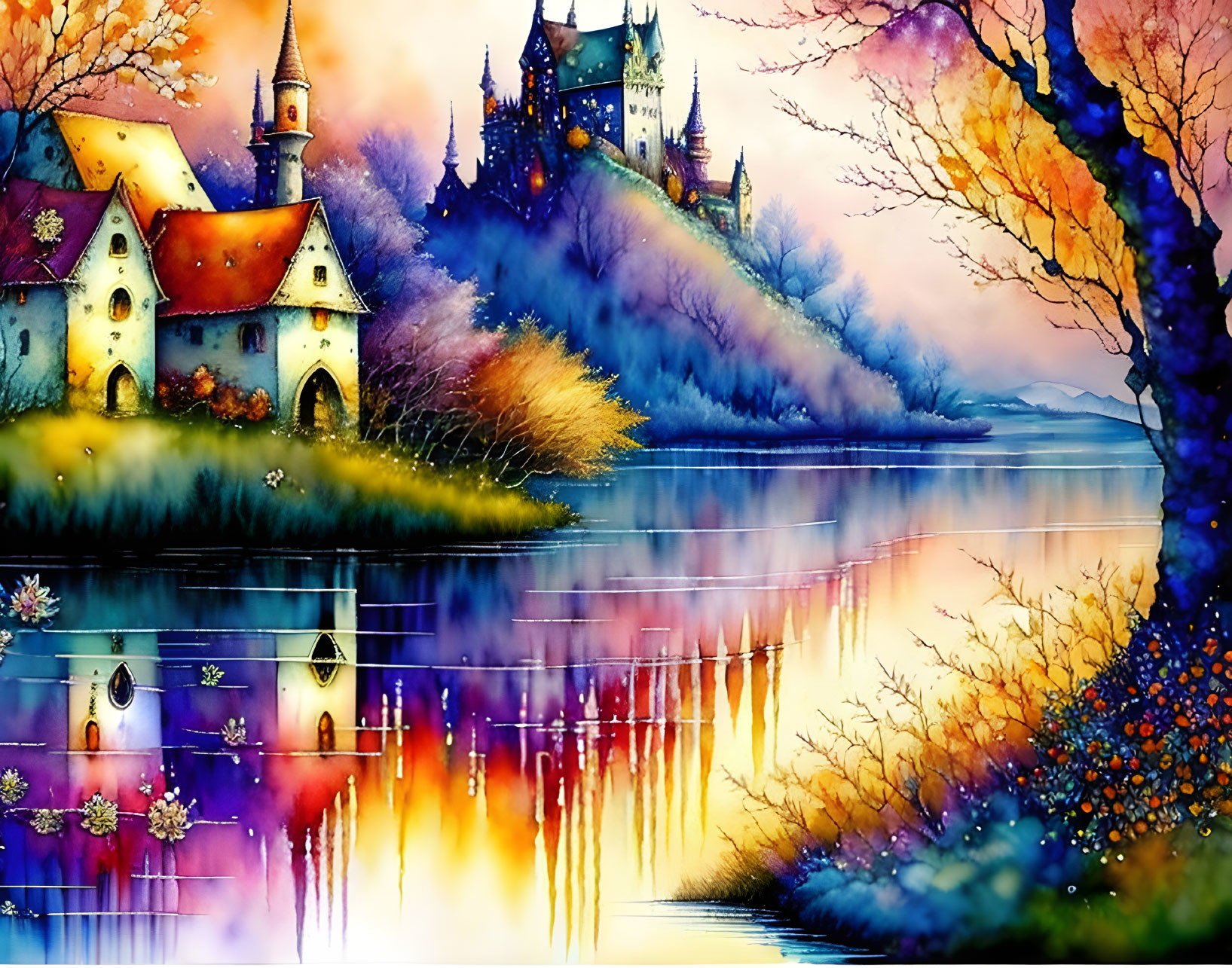 Colorful Fantasy Landscape with Castle, Church, and Autumn Trees