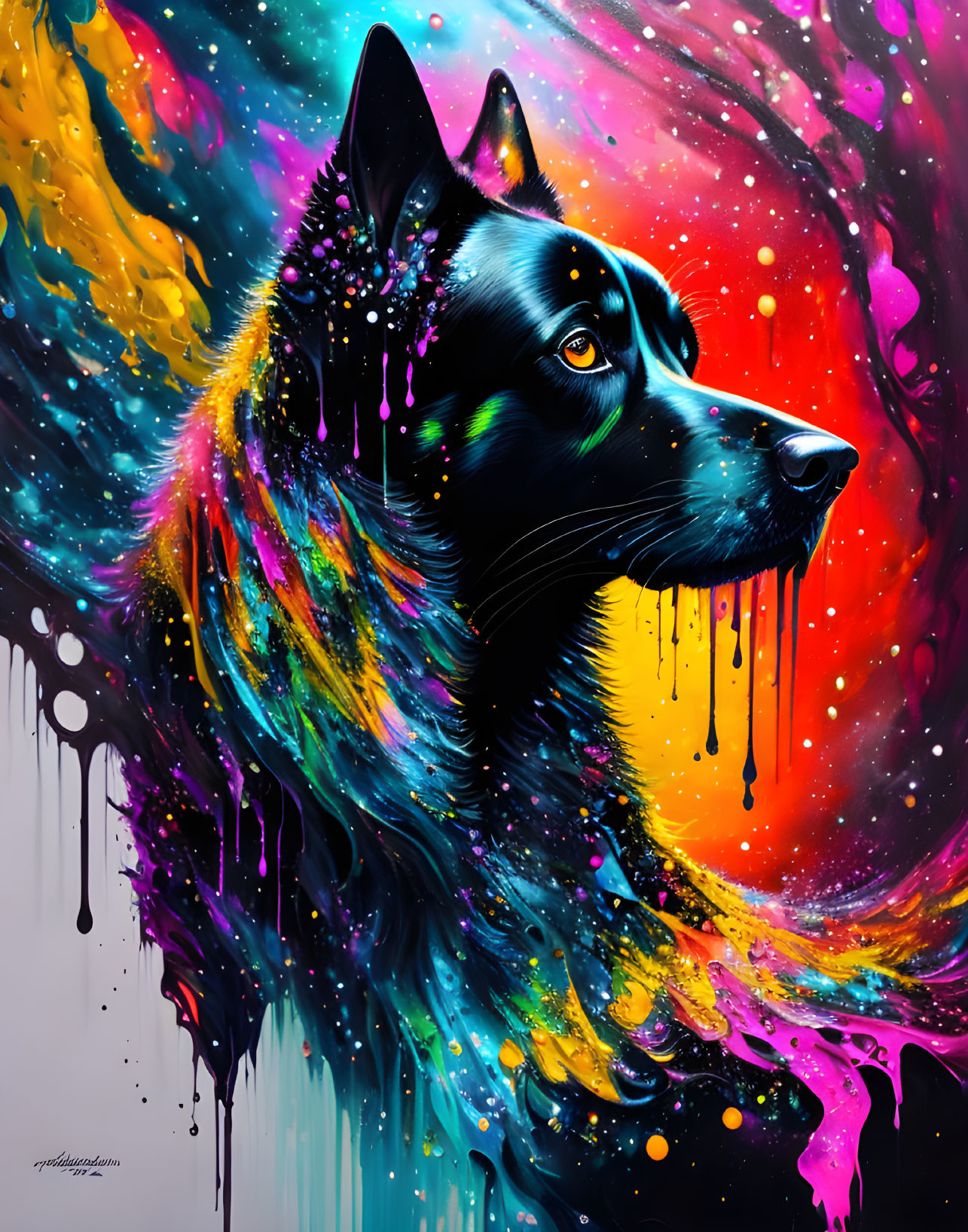 Colorful Dog Portrait with Splattered Paint Effect on Dark Background