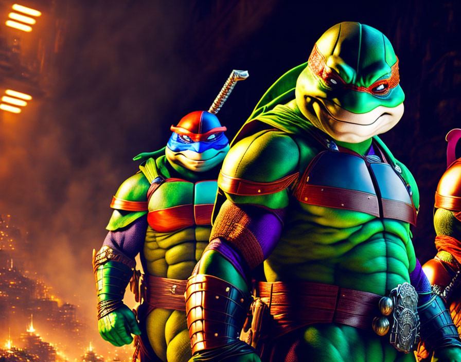 Animated Teenage Mutant Ninja Turtles in Urban Nighttime Scene