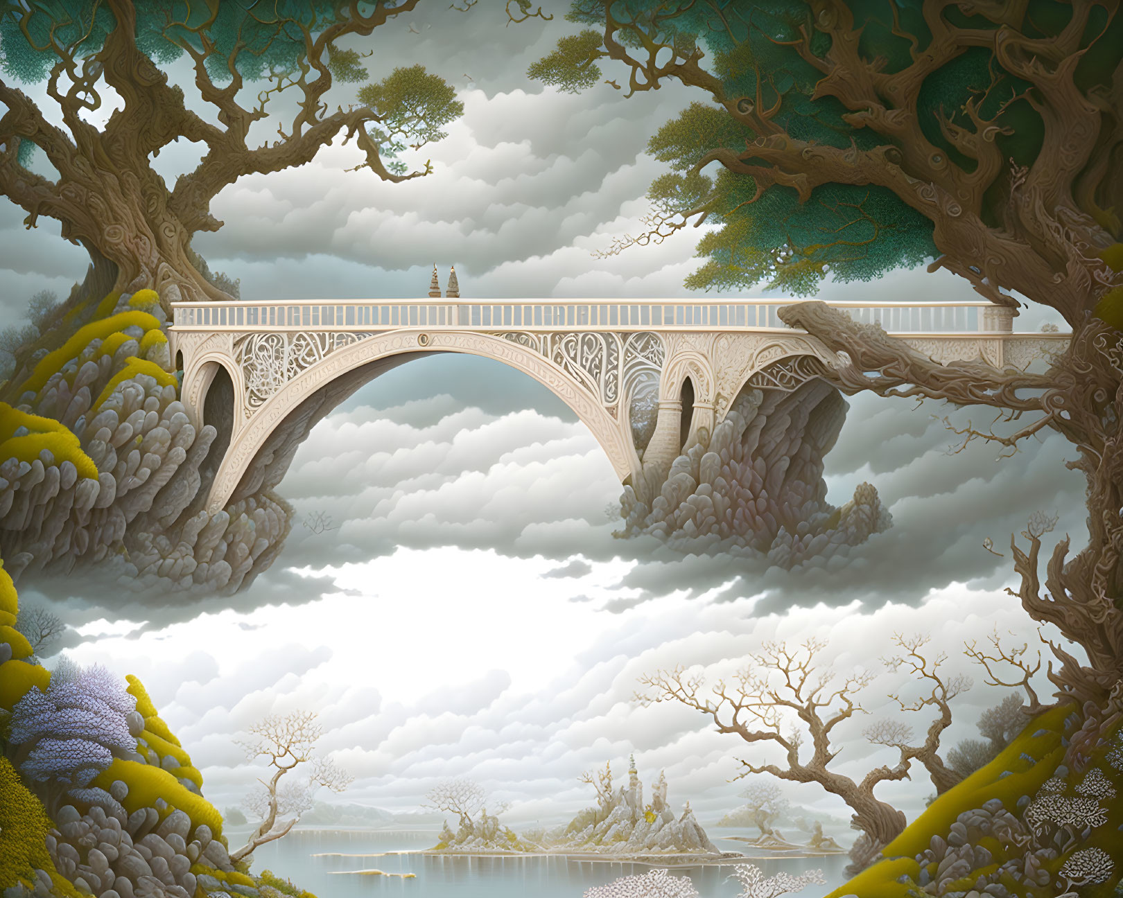 Stone bridge over lush trees and clouds in fantasy landscape