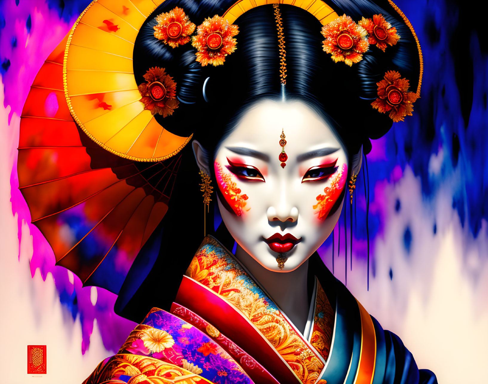 Colorful Geisha Artwork with Kimono & Umbrella