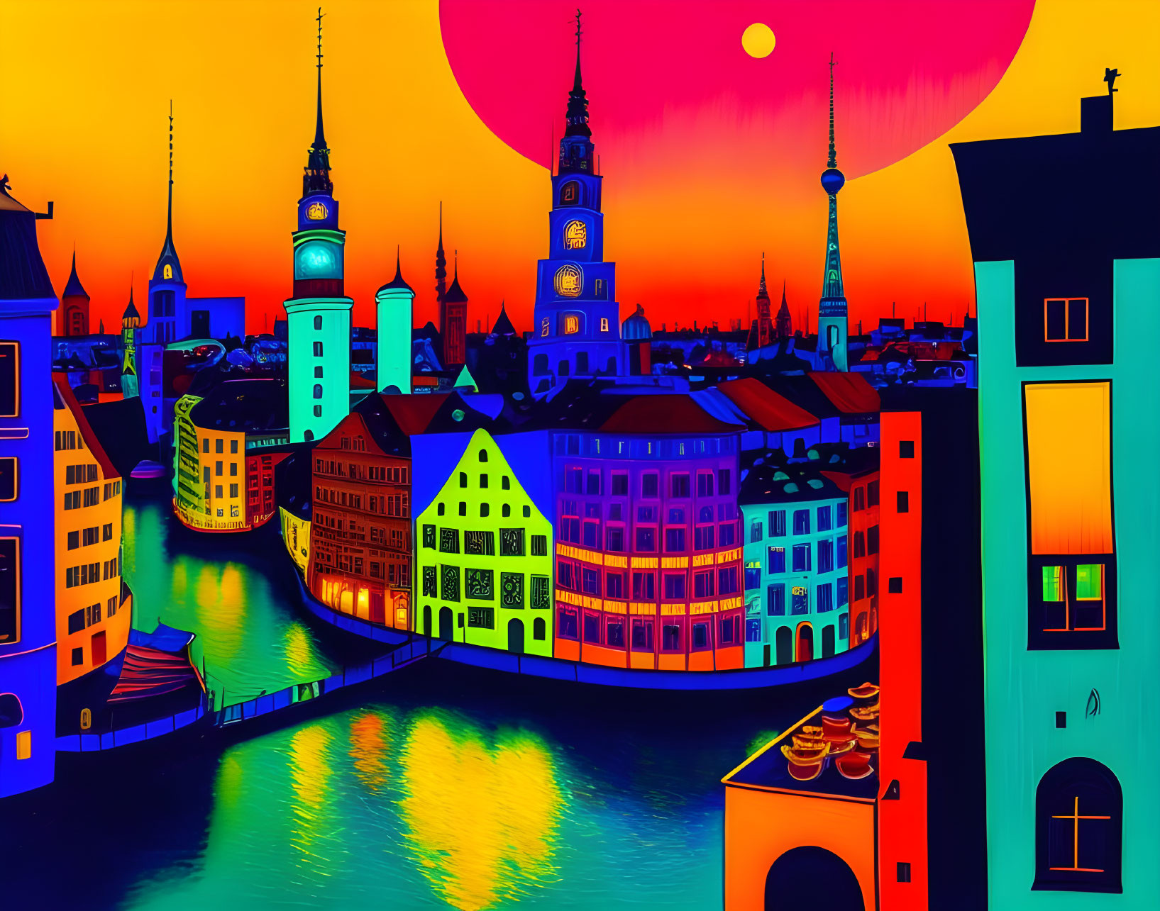 Colorful cityscape illustration at sunset with stylized buildings and river.