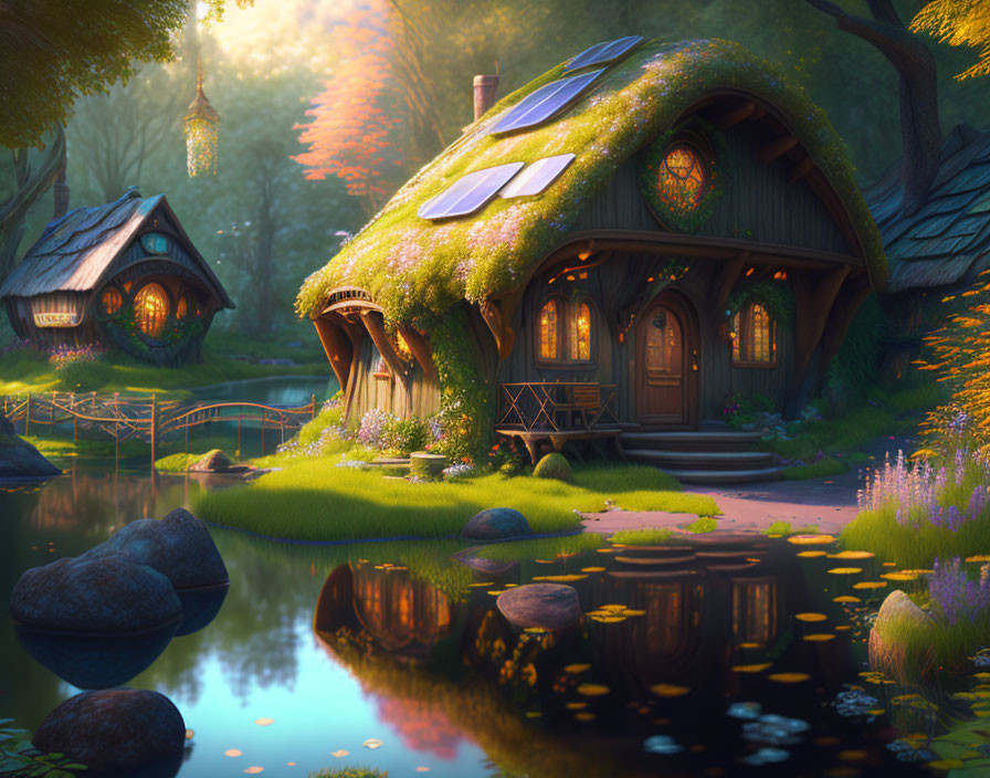 Tranquil forest scene with moss-covered cottages and wooden bridge