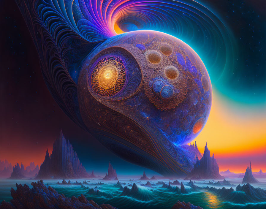 Surreal landscape with celestial body and cosmic patterns