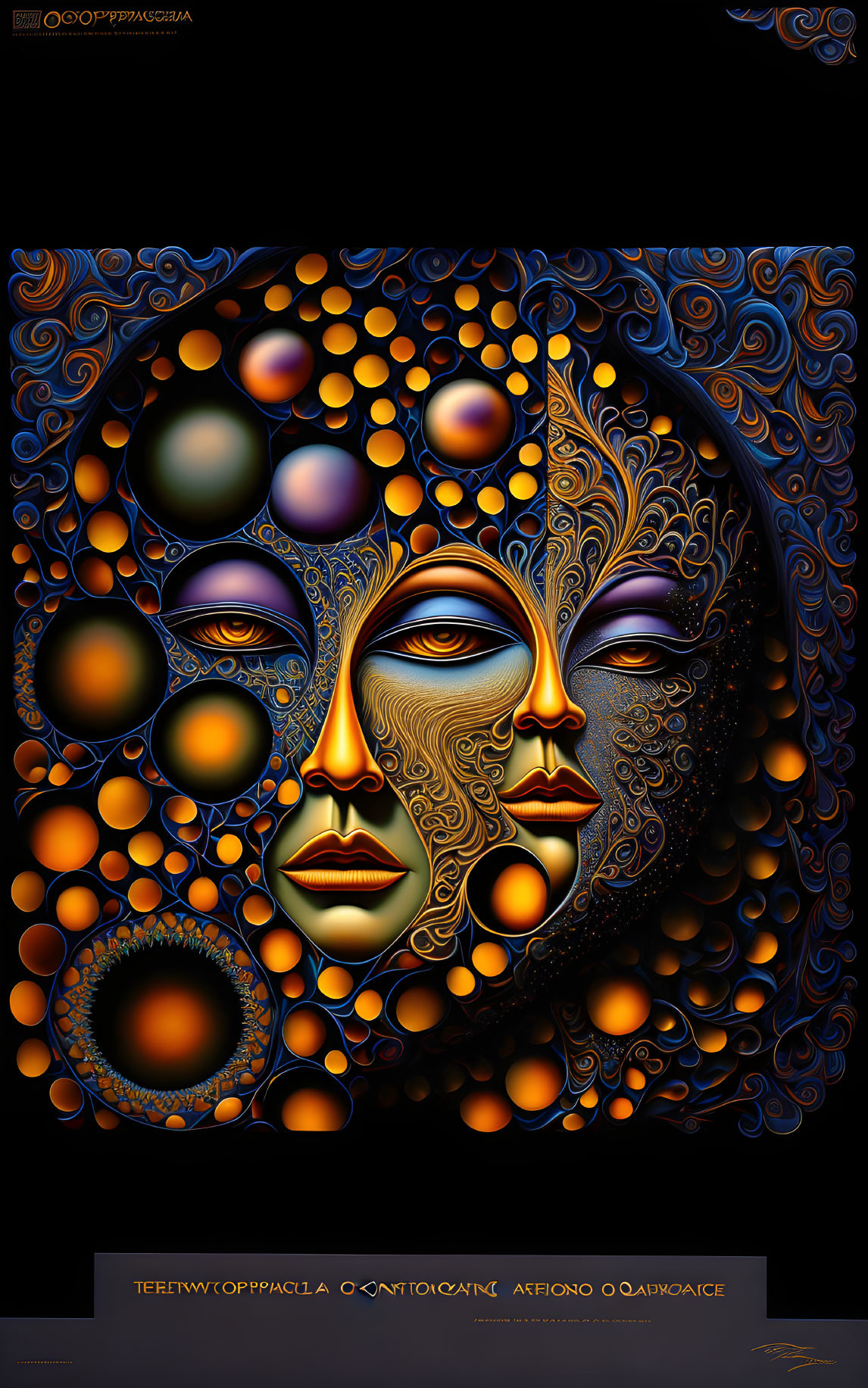 Psychedelic dual-faced artwork with colorful bubbles and intricate patterns