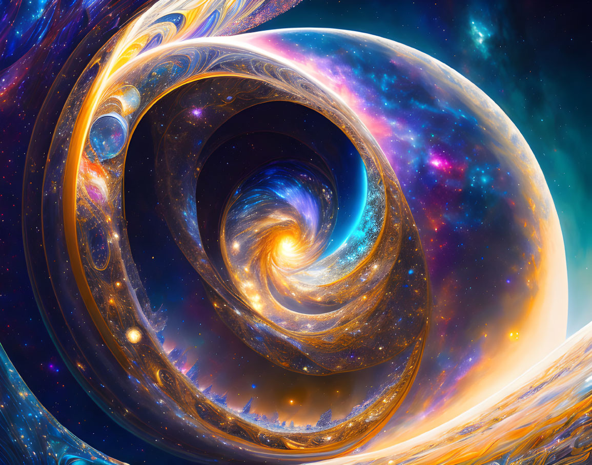 Colorful Cosmic Digital Artwork: Swirling Galaxy, Stars & Nebulae