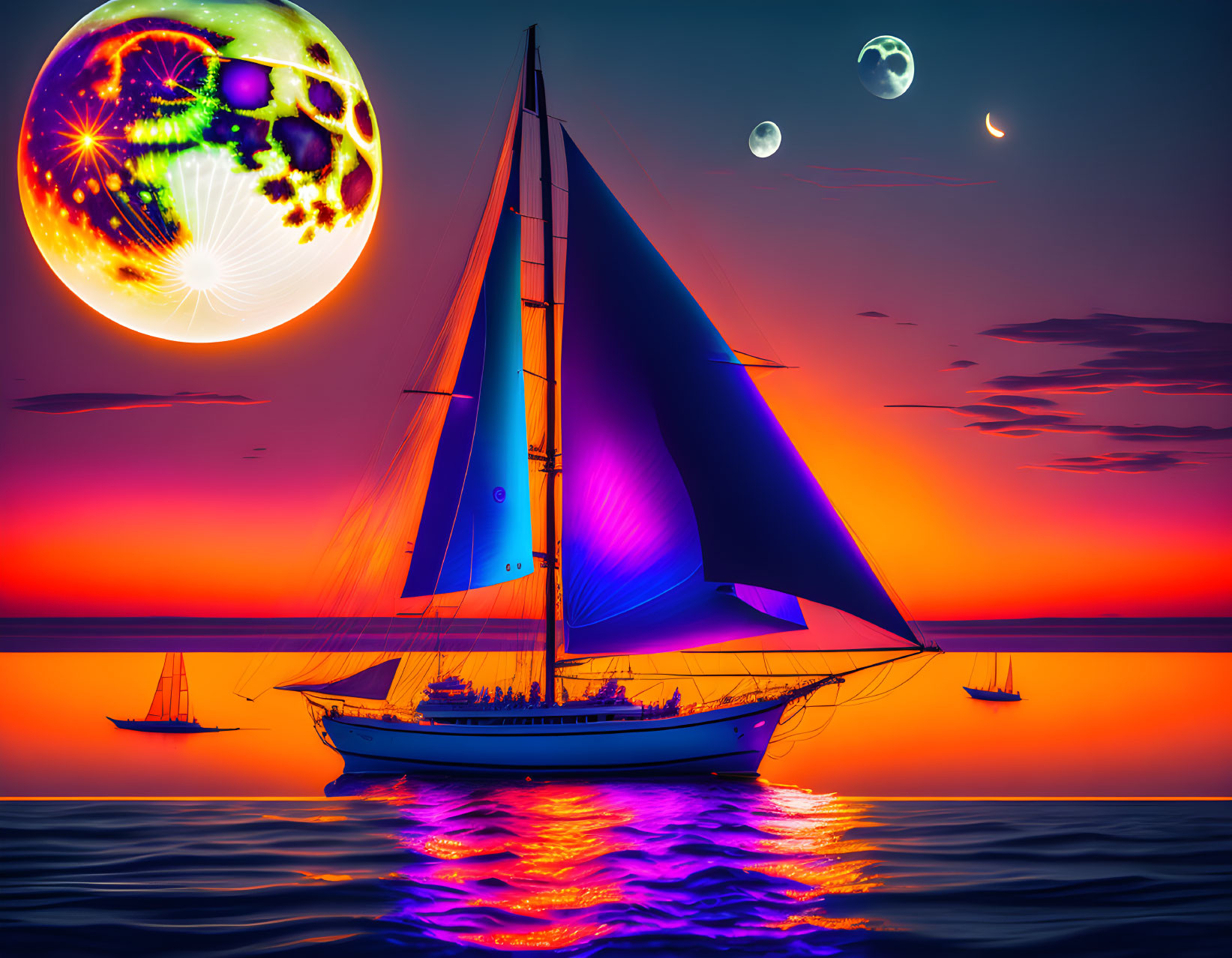 Vibrant sunset sailboat seascape with colorful planets and moons