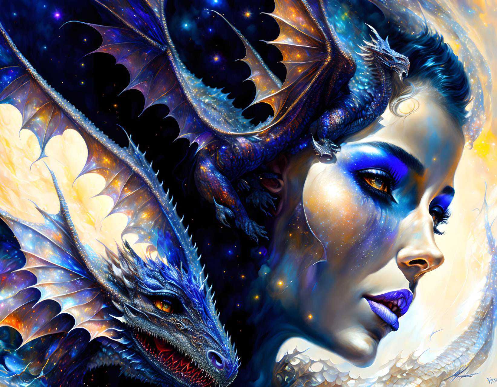 Colorful Artwork: Woman with Blue Skin and Mythical Dragon in Cosmic Setting