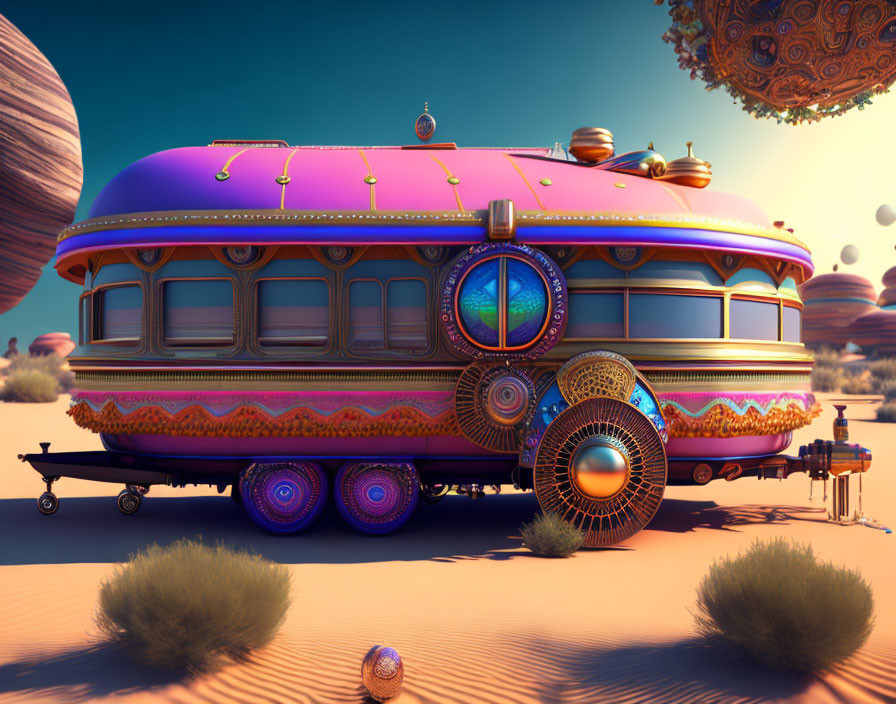 Vibrant ornate bus in desert with floating spheres