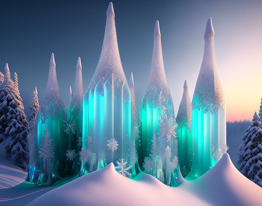 Glowing ice crystals in snow-covered winter landscape