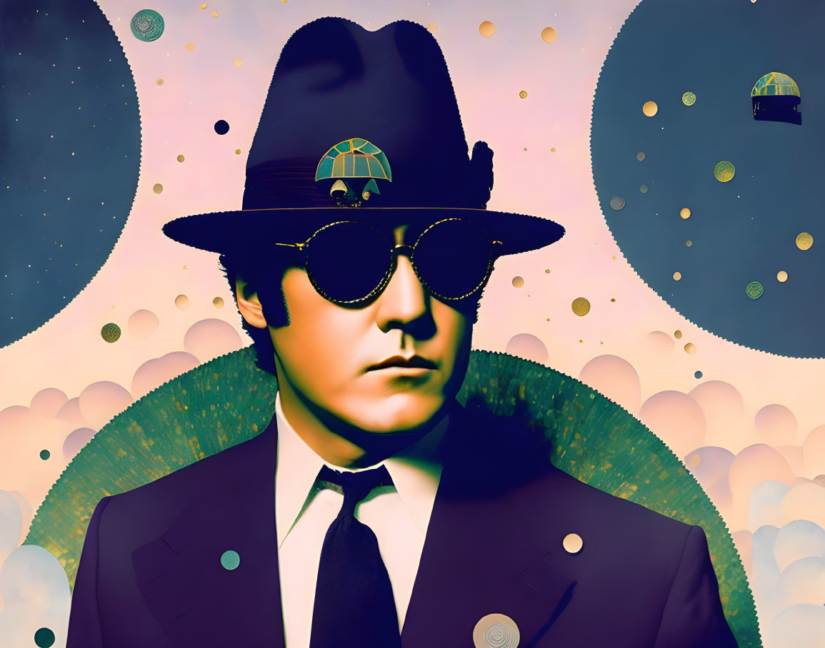 Man in suit and fedora with sunglasses on surreal background.