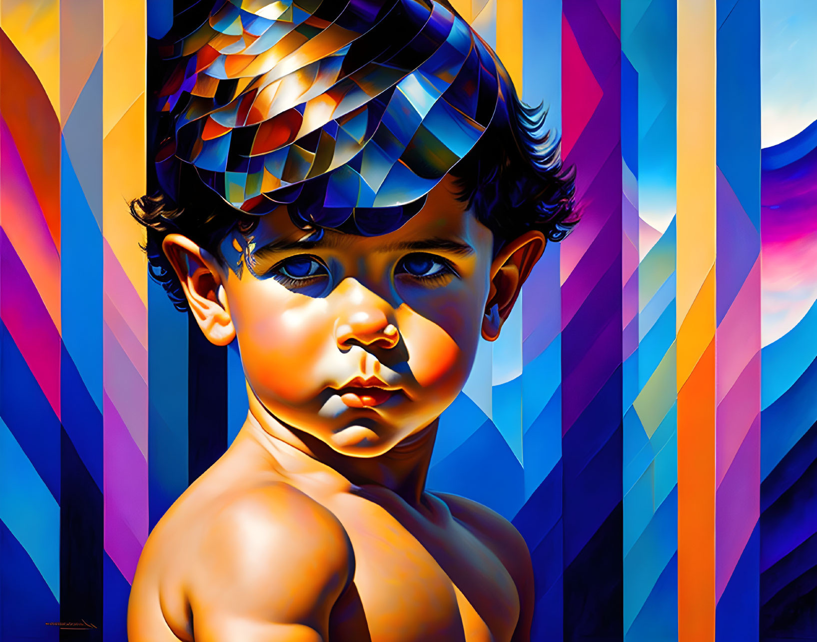 Colorful Geometric Background with Young Child in Digital Painting