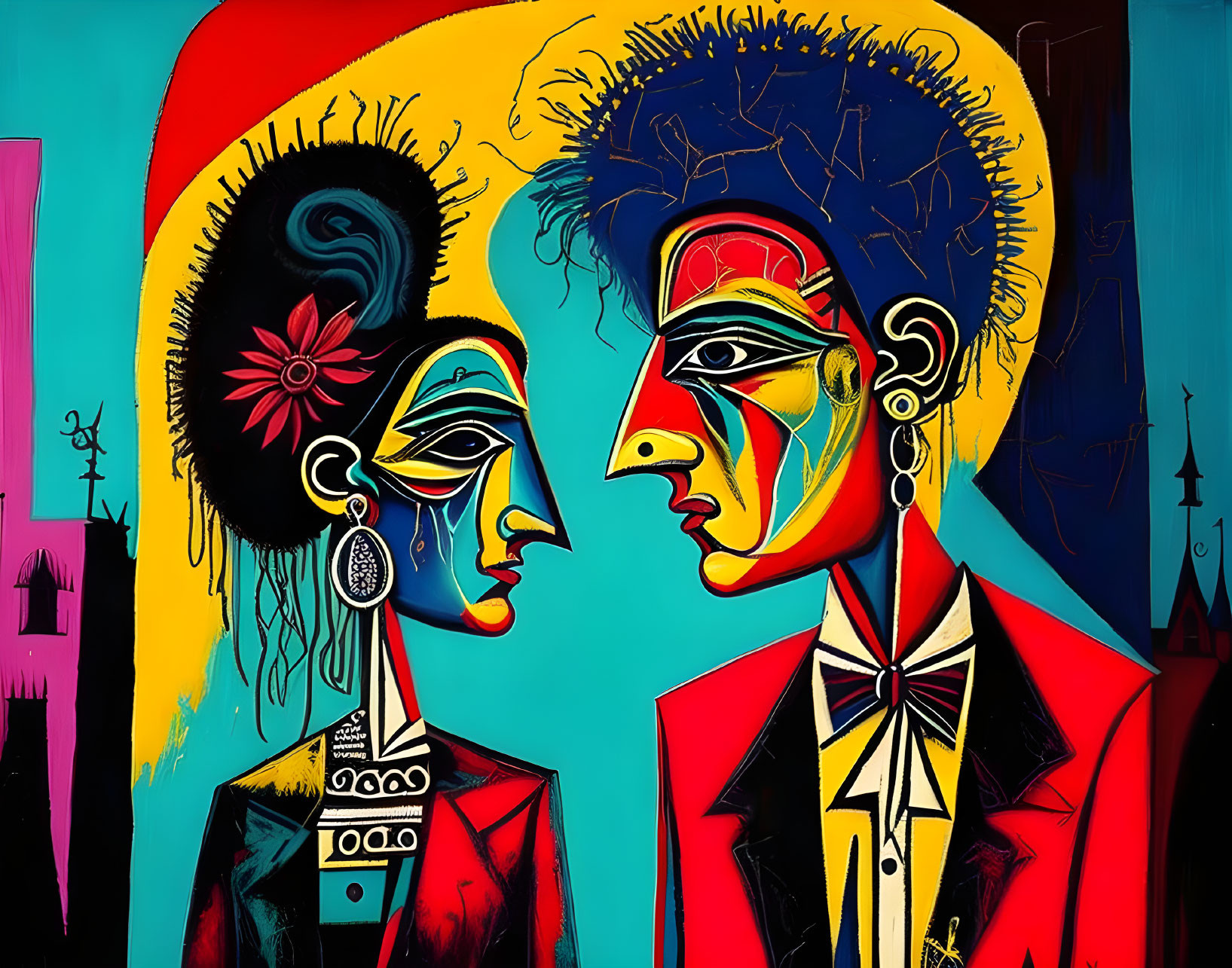 Vibrant abstract painting with stylized profiles of man and woman in formal attire.