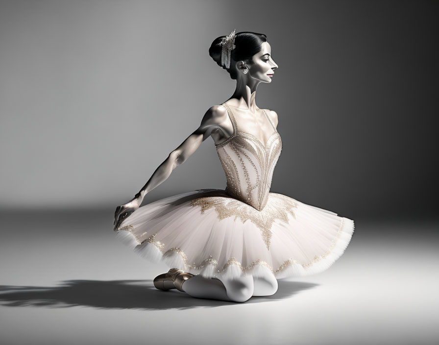 Elegant ballet dancer in white and gold tutu on gray background