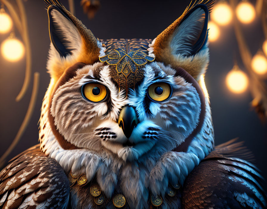 Majestic owl with golden jewelry in front of glowing orbs