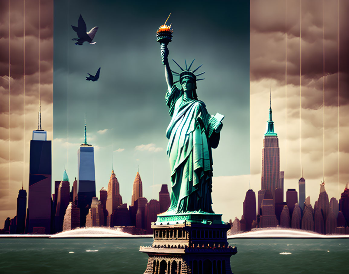 Iconic Statue of Liberty with NYC skyline and birds against dramatic sky