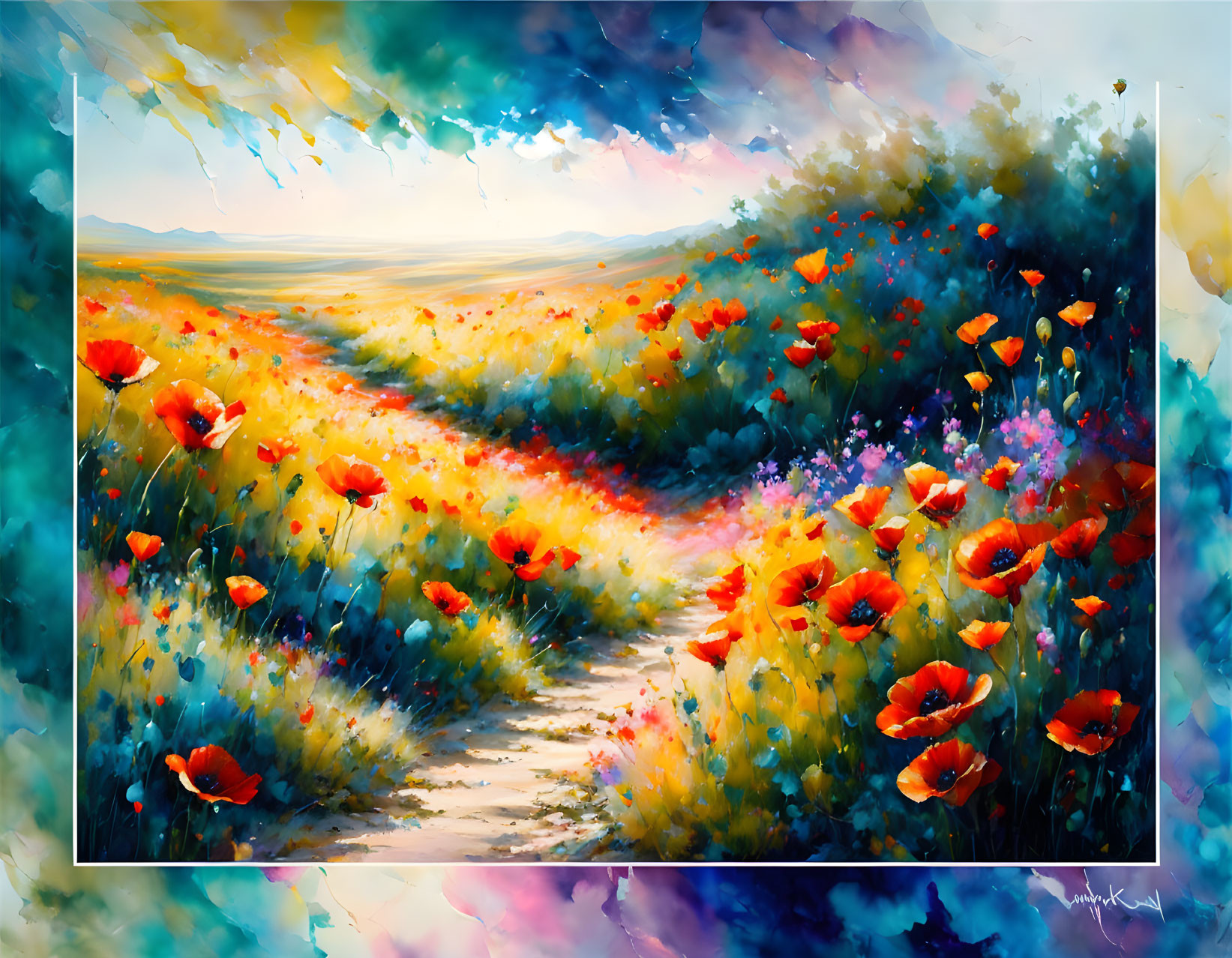 Impressionistic painting: Lush field, poppies, wildflowers, colorful sky