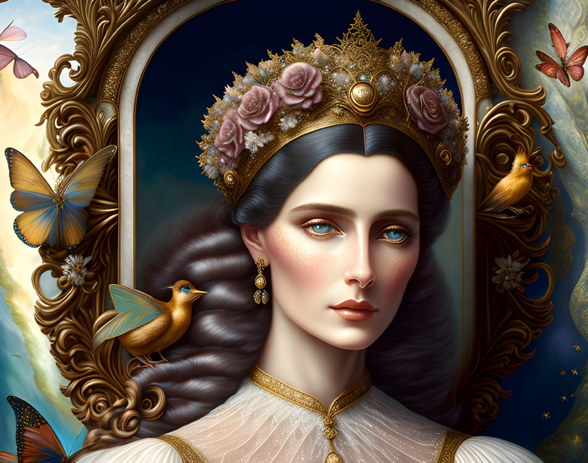 Regal woman portrait with gold crown, roses, birds, butterflies against cloudy sky