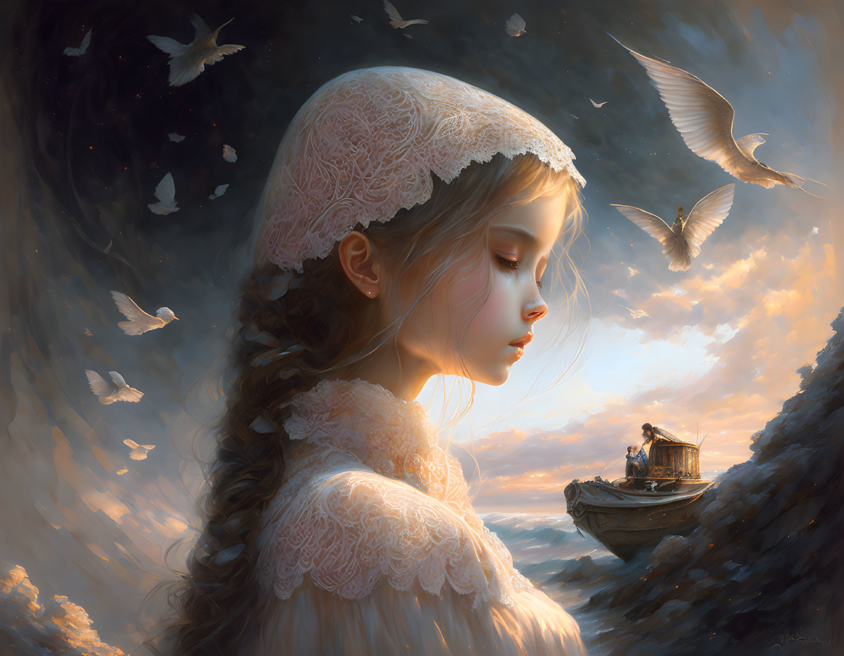 Serene girl in lace attire by dramatic seascape with birds and boat