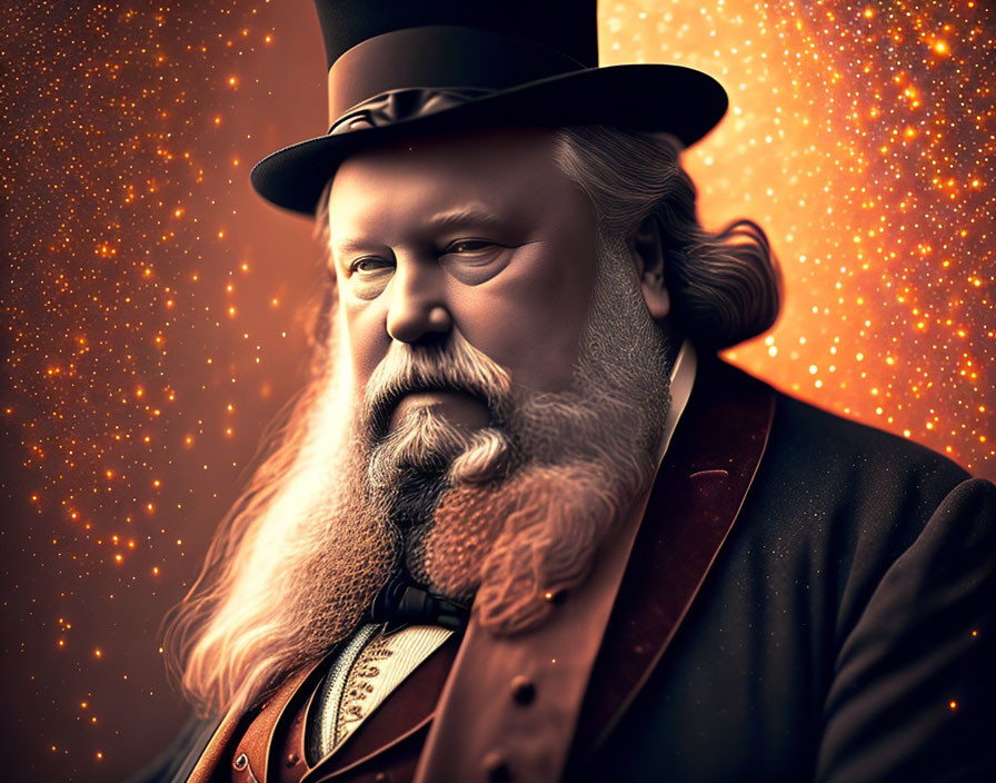 Distinguished man with full beard and top hat in formal attire on starry background