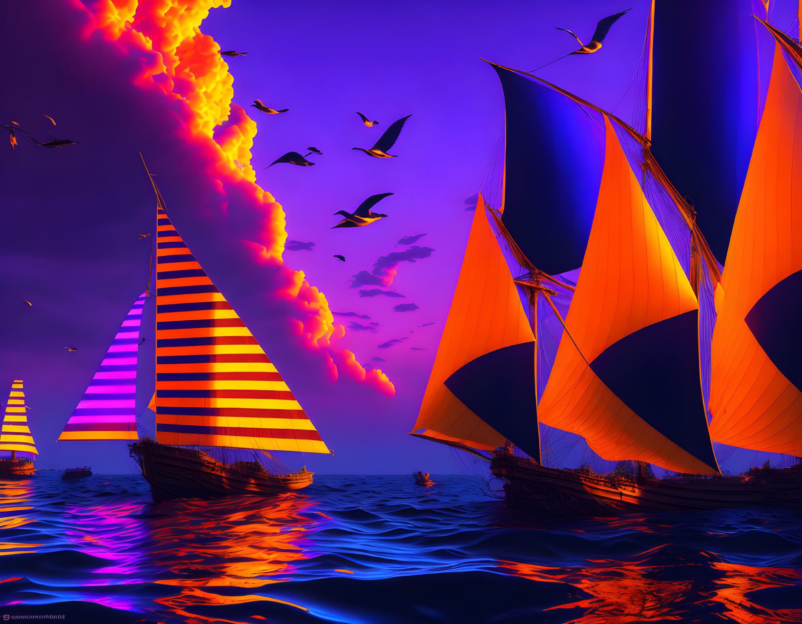 Vibrant orange sails on sailing ships in a purple sea with birds flying under a flaming streaked