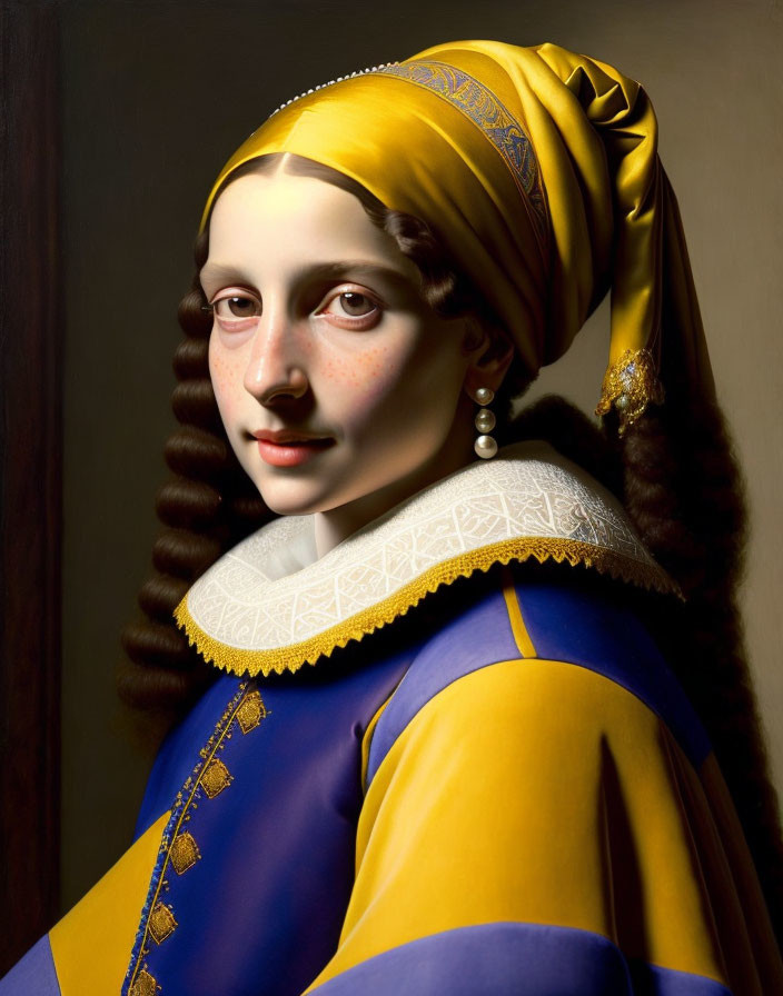 Classic Portrait of Woman in Yellow Headscarf & Blue Dress