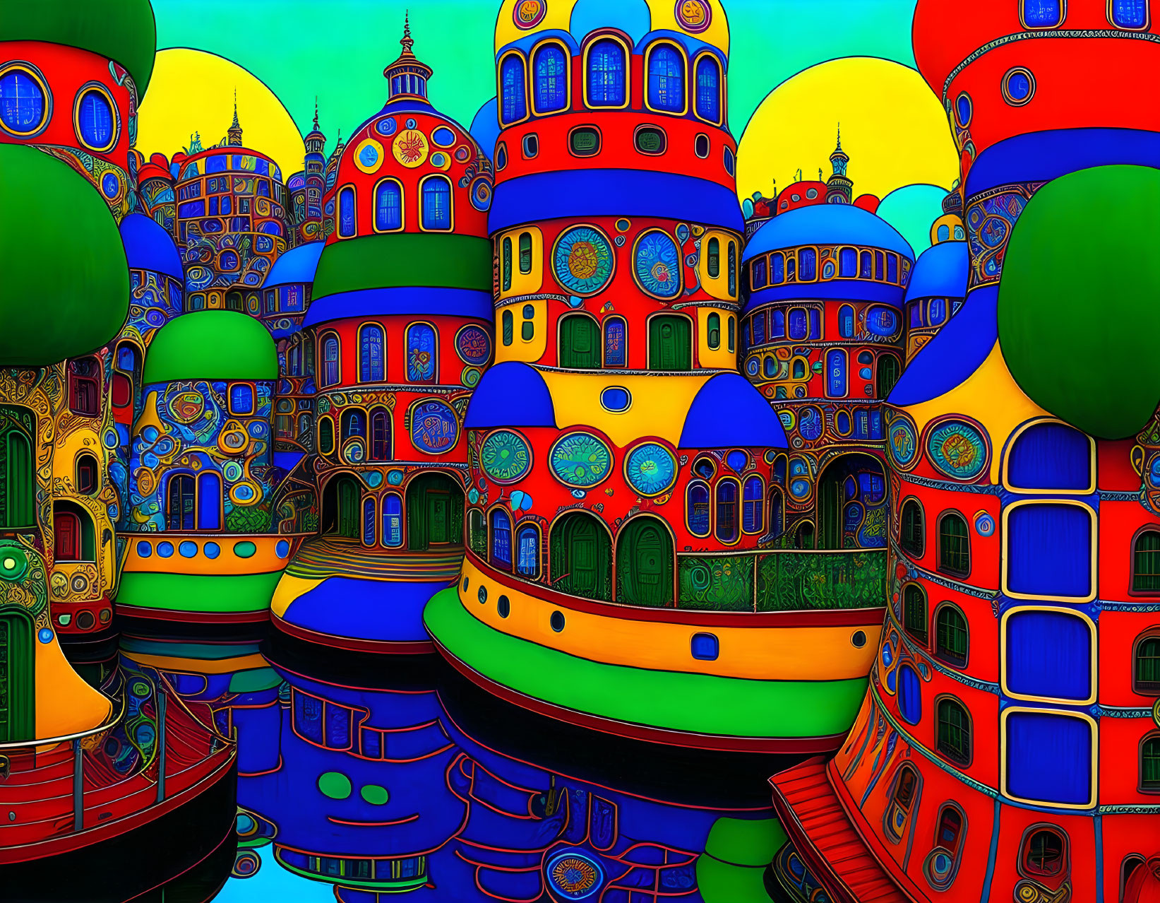 Surreal digital art: Vibrant onion-domed buildings against blue sky