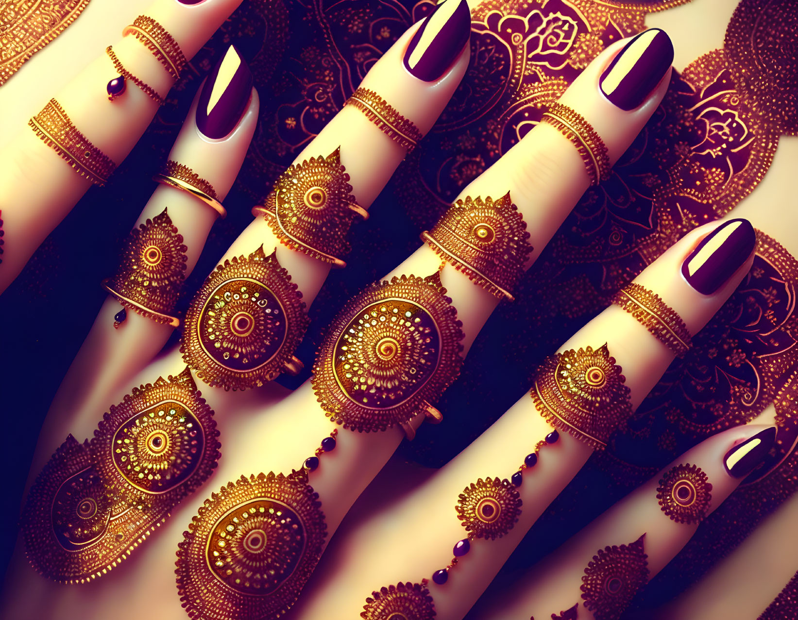 Burgundy Manicured Nails with Gold Jewelry and Henna Designs