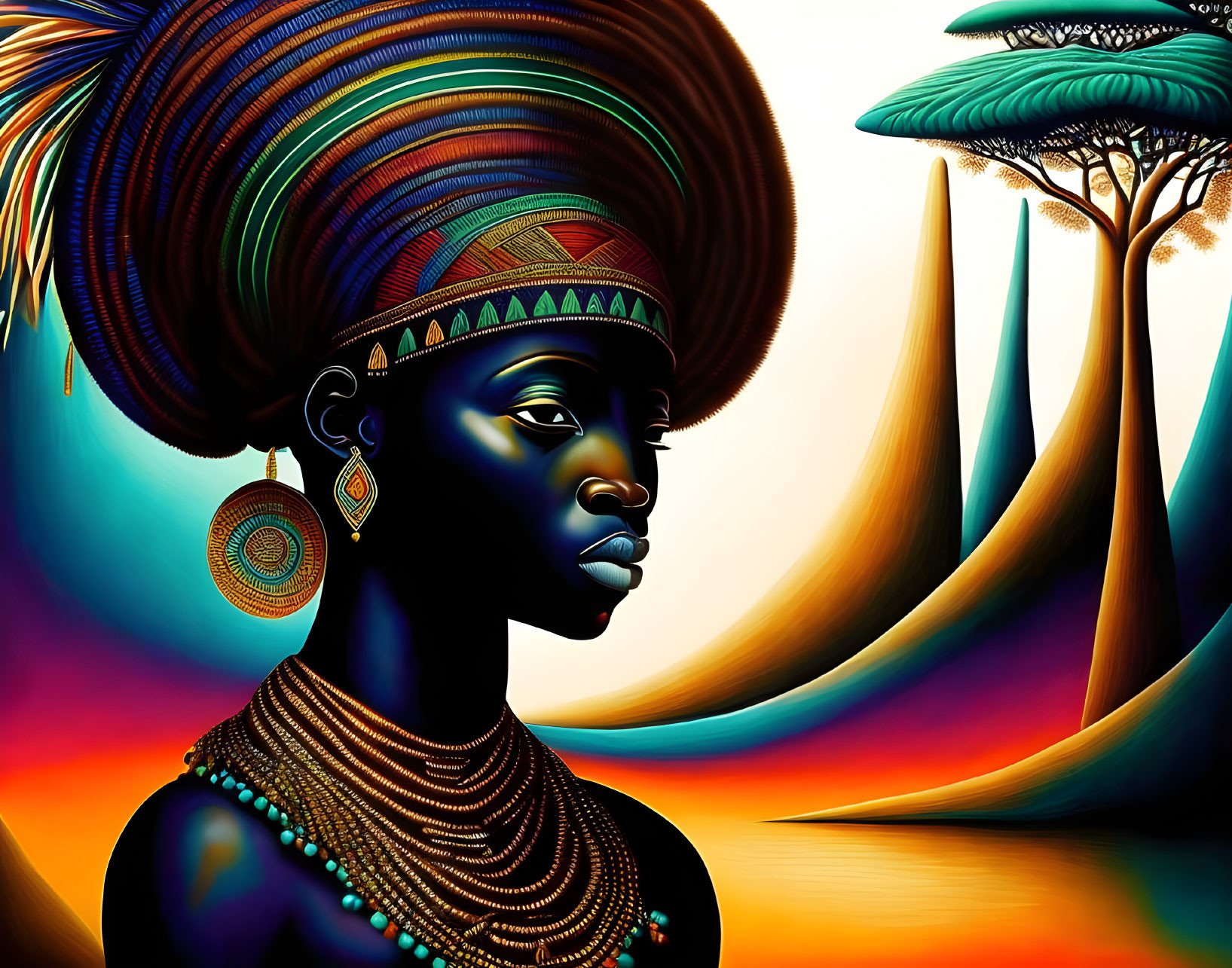 Stately woman with ornate headwear in colorful African landscape