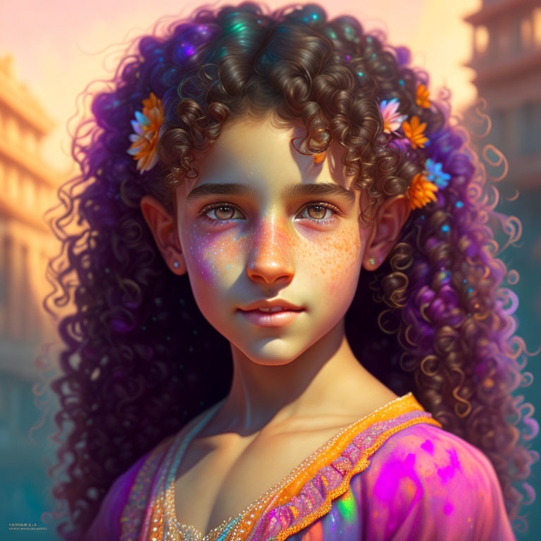 Young girl with curly hair and flowers, freckles, sparkly eyes in purple and orange outfit