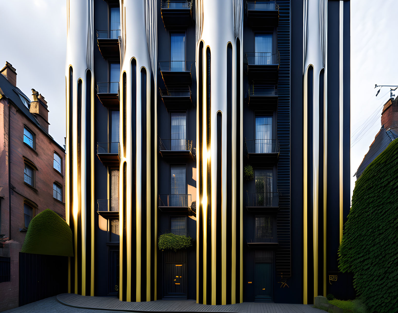 Modern building with black facade and golden strips against overcast sky.